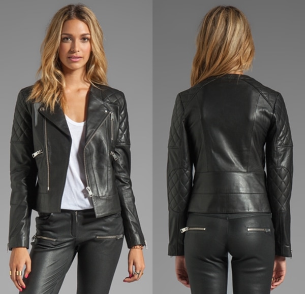 Detailed view of Ashlee Simpson's luxe Anine Bing Leather Biker Jacket priced at $999, highlighting timeless style and quality craftsmanship