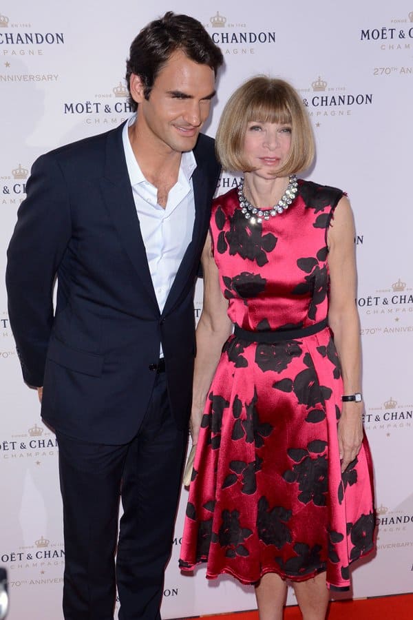 Anna Wintour and Roger Federer share a moment at Moët & Chandon's 270th Anniversary held at Chelsea Piers Sports Center, NYC, on August 20, 2013