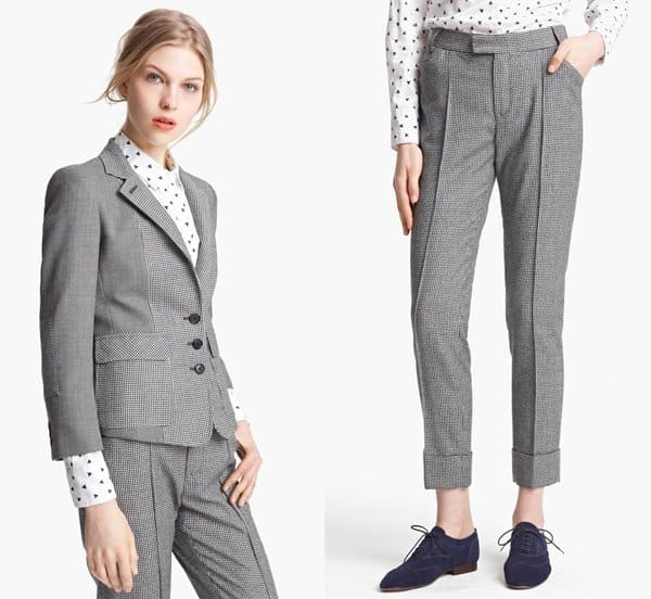 Band of Outsiders presents a mix of bird’s eye and houndstooth patterns, blending traditional and modern influences in this schoolboy blazer and skinny pants