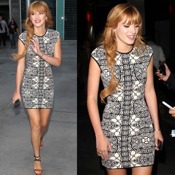 At the Los Angeles premiere of 'The Mortal Instruments: City of Bones', Bella Thorne dazzled in Christian Louboutin 'Summerissima' sandals, complemented by black hoop earrings and a gold Cartier bracelet, showcasing a perfect blend of elegance and charm