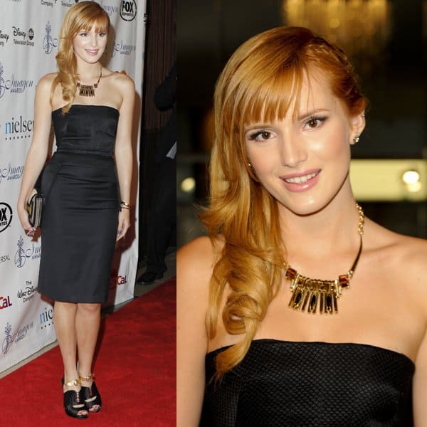 Bella Thorne wearing a custom-made peplum dress from Olima Atelier and looking polished to the nth level at the Imagen Awards 2013