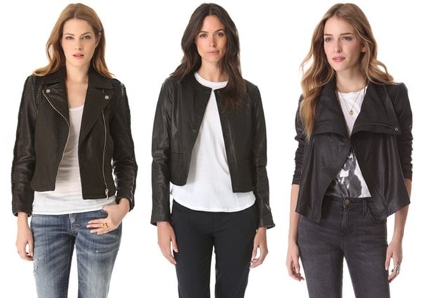 Assorted stylish yet affordable leather jackets including designs by Faith Connexion, Vince, and Veda, priced from $497.50 to $640.50