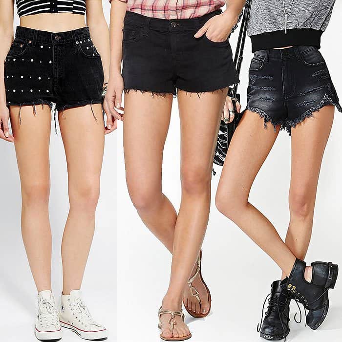 Variety of trendy black cutoff shorts: Pearl-studded by Urban Renewal, classic J Brand, and edgy UNIF 'Reaper'