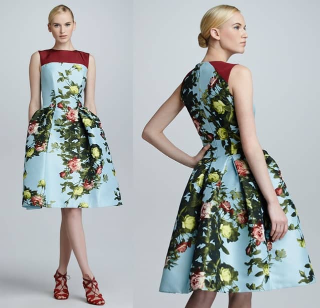 Detail of the Carolina Herrera floral jacquard full-skirt dress worn by Crystal Reed, priced at $3,290, showcases exquisite craftsmanship and elegant design