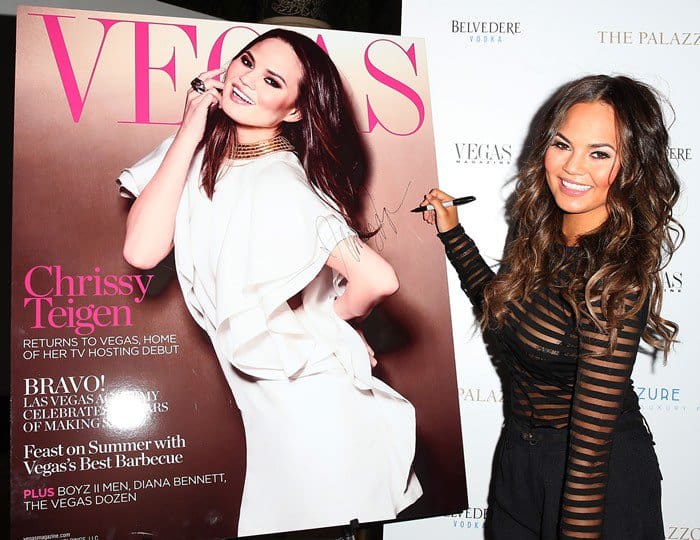 Chrissy Teigen wearing a shadow stripe long sleeve tee from Alexander Wang at Vegas Magazine’s Summer Issue Party