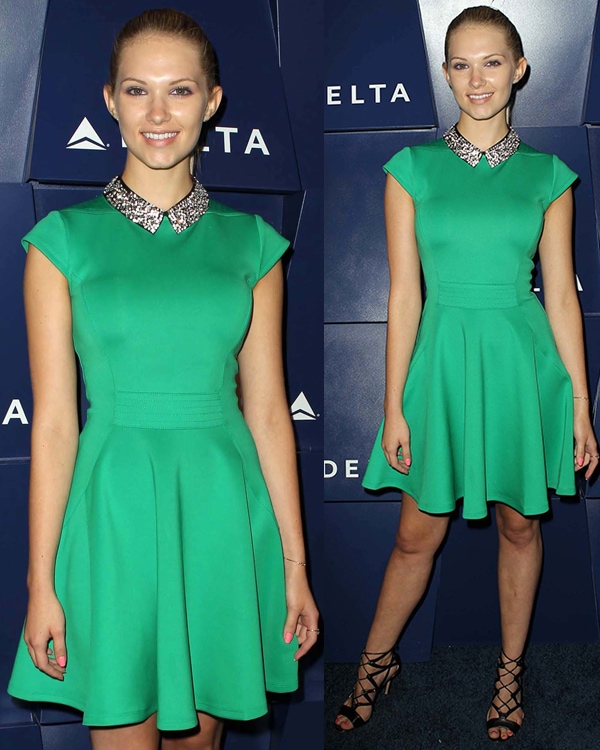 Claudia Lee looked effortlessly chic in a vibrant green dress with a sparkling collar, paired with edgy black strappy sandals, at the Delta Air Lines Summer Celebration in Beverly Hills