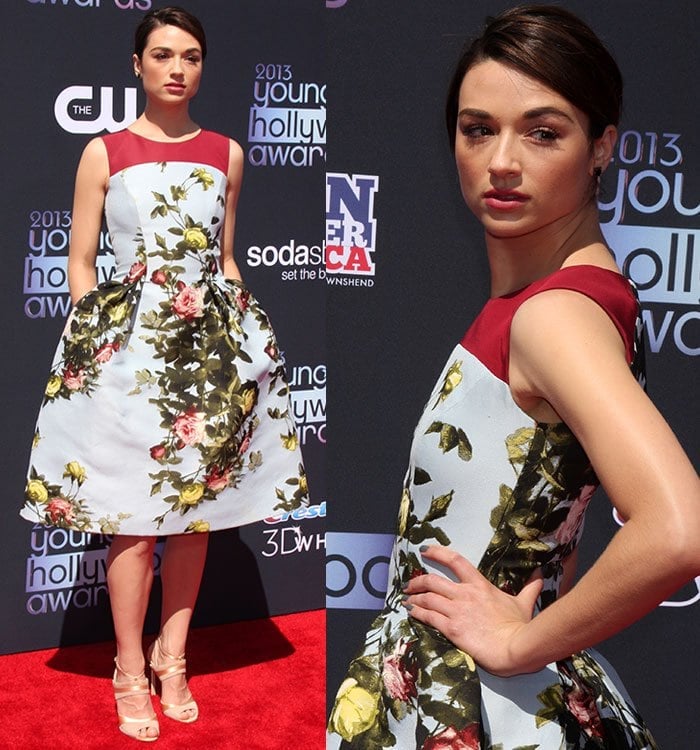 Crystal Reed with swept-back hair and soft makeup at the 2013 Young Hollywood Awards