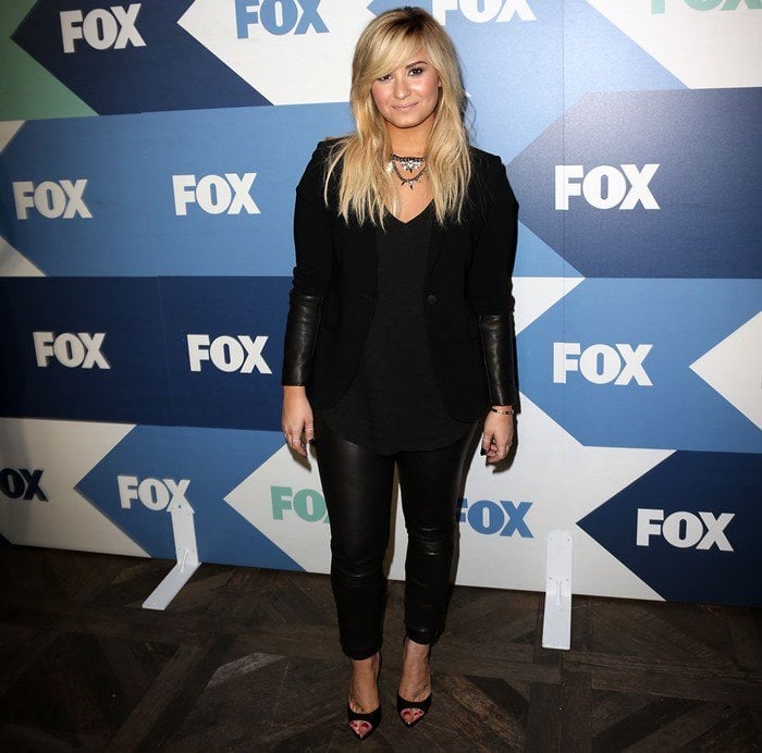 Demi Lovato wearing a Rag & Bone ‘Timeless’ blazer with Theory ‘Belisa’ leather pants at the Fox Summer TCA All-Star Party in Los Angeles, California, on August 1, 2013
