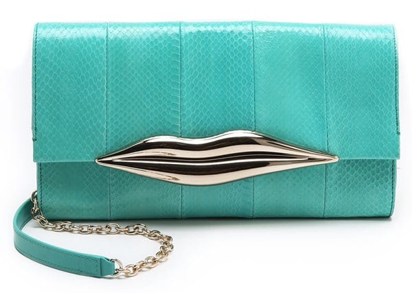 The exotic Diane von Furstenberg Carolina Lips Snakeskin Clutch in a captivating lagoon hue, priced at $445