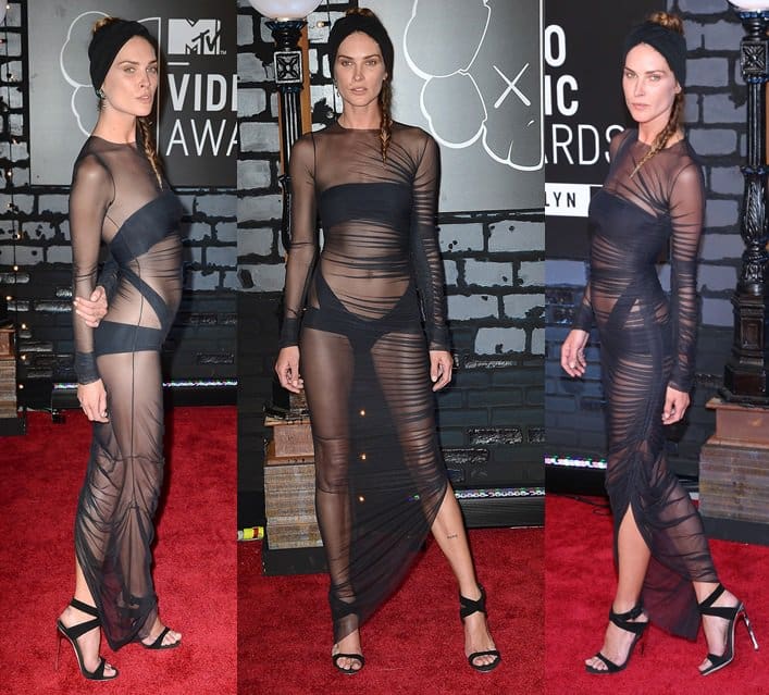 Supermodel Erin Wasson confidently flaunts her figure in a sheer Alexandre Vauthier dress at the 2013 VMAs