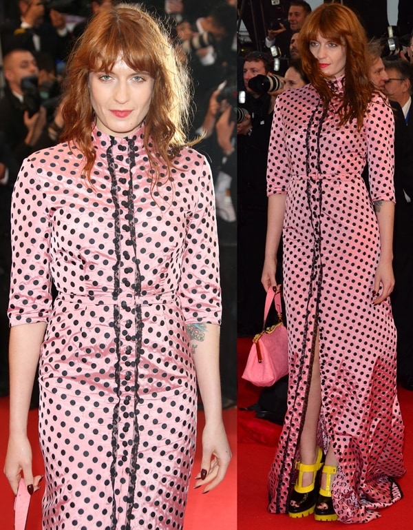 Florence Welch stuns in a pink polka-dot Miu Miu dress paired with bold yellow-and-black platform sandals at the 66th Cannes Film Festival
