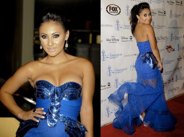 Francia Raisa looking stunning in her Alpana and Neeraj gown paired with Benjamin Adams "Rio" pumps in champagne at the Imagen Awards 2013 at Beverly Hills Hilton Hotel in California on August 16, 2013
