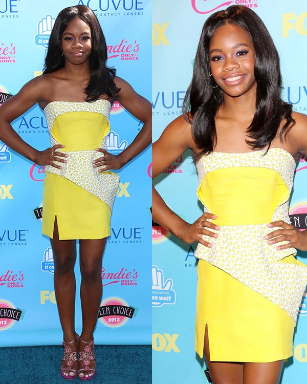 Gabby Douglas sparkled at the 2013 Teen Choice Awards in a vibrant yellow dress, charmingly paired with pink Rene Caovilla crystal-beaded sandals for a look that was both sporty and glamorous