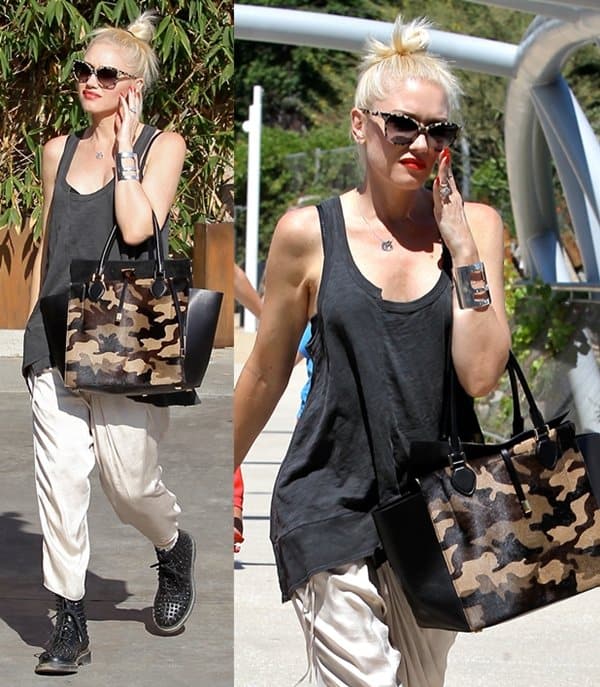 Gwen Stefani paired harem pants with studded Doc Marten boots and a Wilt twisted tank