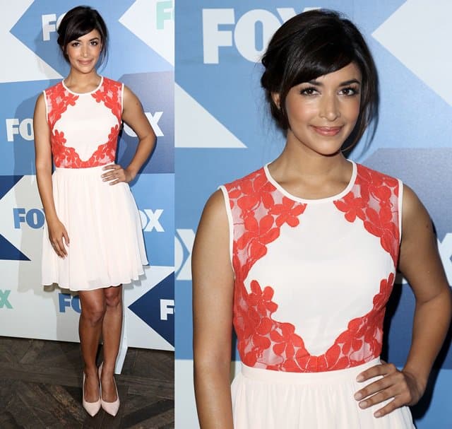 Hannah Simone elegantly dressed in a Ted Baker ensemble complemented by Stella & Dot jewelry at the Fox Summer TCA All-Star Party, 2013