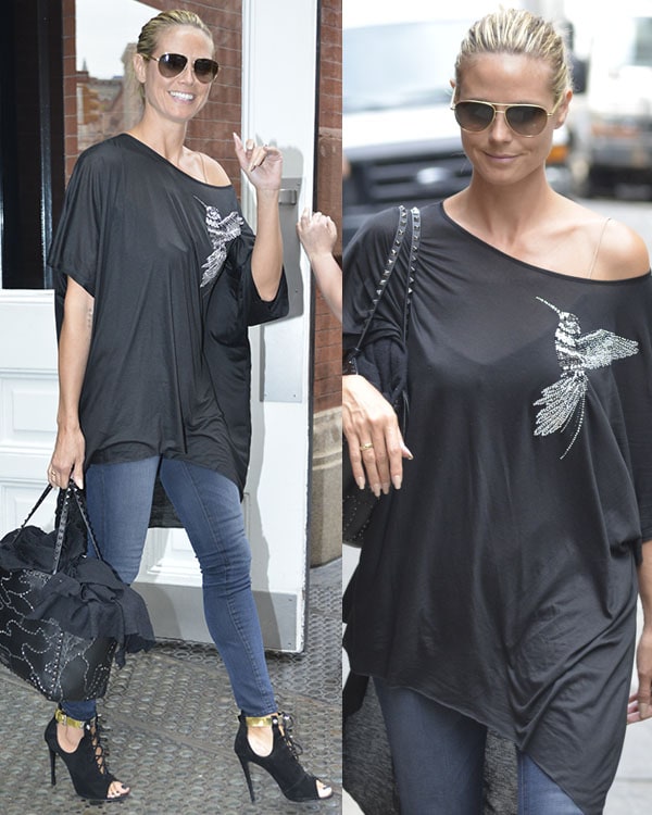 Heidi Klum turned heads in Soho, New York City, on July 31, 2013, pairing her edgy Giuseppe Zanotti x Anja Rubik suede open-toe lace-up booties with chic Stella McCartney aviator sunglasses and a statement Valentino Rockstud tote bag