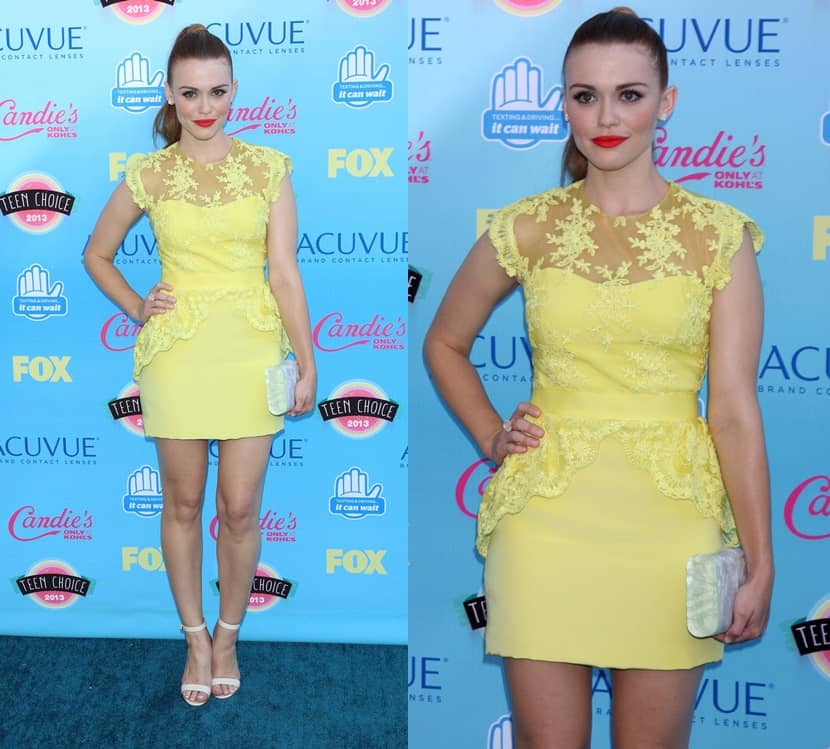 Holland Roden exudes charm in a vibrant canary yellow Notte by Marchesa dress at the 2013 Teen Choice Awards