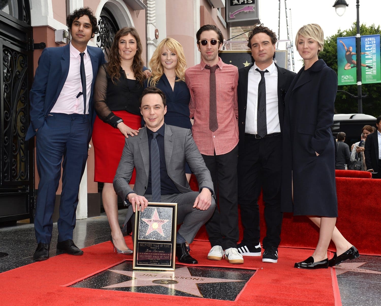 Actors Jim Parsons, Kunal Nayyar, Mayim Bialik, Melissa Rauch, Simon Helberg, Johnny Galecki, and Kaley Cuoco-Sweeting attend a ceremony honoring Jim Parsons with the 2,545th Star on The Hollywood Walk Of Fame