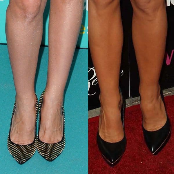 Jacqueline Bracamontes opts for gold-studded heels, while Carmen Electra keeps it classic with black pointed-toe pumps, each complementing their Yigal Azrouël blue peplum dresses