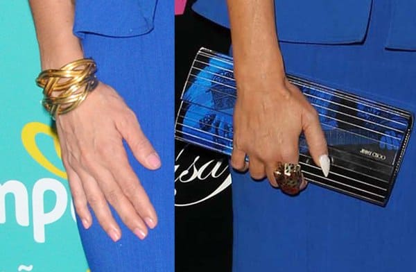Jacqueline Bracamontes and Carmen Electra add their personal flair to the Yigal Azrouël blue peplum dress with gold bangles and a striking Jimmy Choo clutch, respectively
