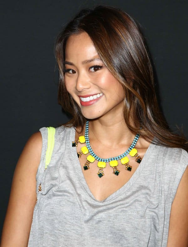Jamie Chung wearing a colorful Dannijo statement necklace