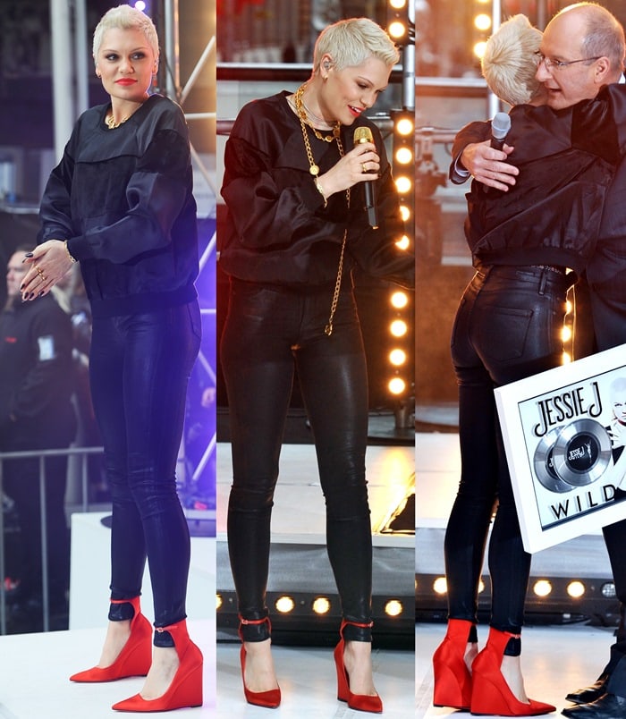 Jessie J wearing black leather skinnies and a black silk-velvet blend sweater