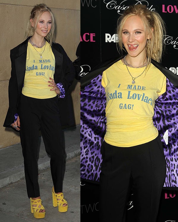 Juno Temple's I made Linda Lovlace gag! statement shirt at the Los Angeles premiere of Lovelace