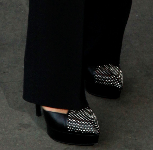 Keri Russel wearing studded Saint Laurent heels