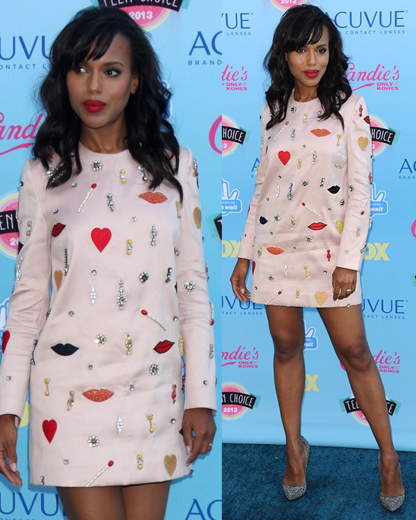 Kerry Washington graced the 2013 Teen Choice Awards red carpet in a playful and charming Stella McCartney Resort 2014 mini dress adorned with embroidered hearts, lips, and crystals, paired with dazzling Christian Louboutins and bold red lips