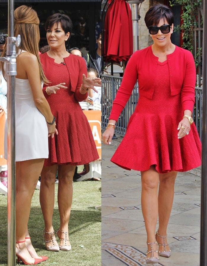 Kris Jenner paraded her legs in a red skater dress and nude Valentino Rockstud pumps