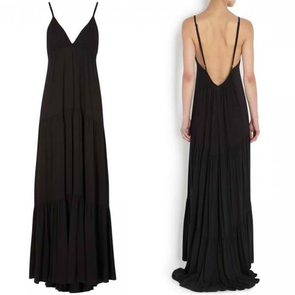 Showcase of the L'Agence Tiered Jersey Maxi Dress, priced at £240, illustrating its elegant and flowing design