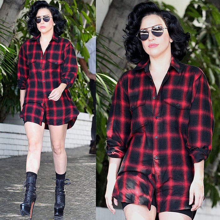 Lady Gaga in a black-and-red plaid button-down shirt paired with boots leaving Chateau Marmont Hotel in Los Angeles