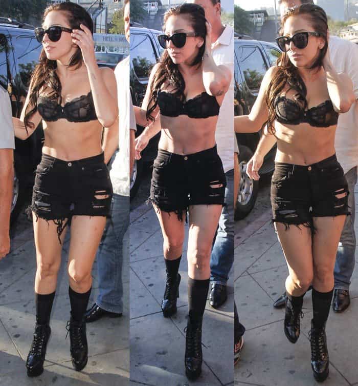Lady Gaga in black ripped cutoff shorts while heading to The Abbey food and bar