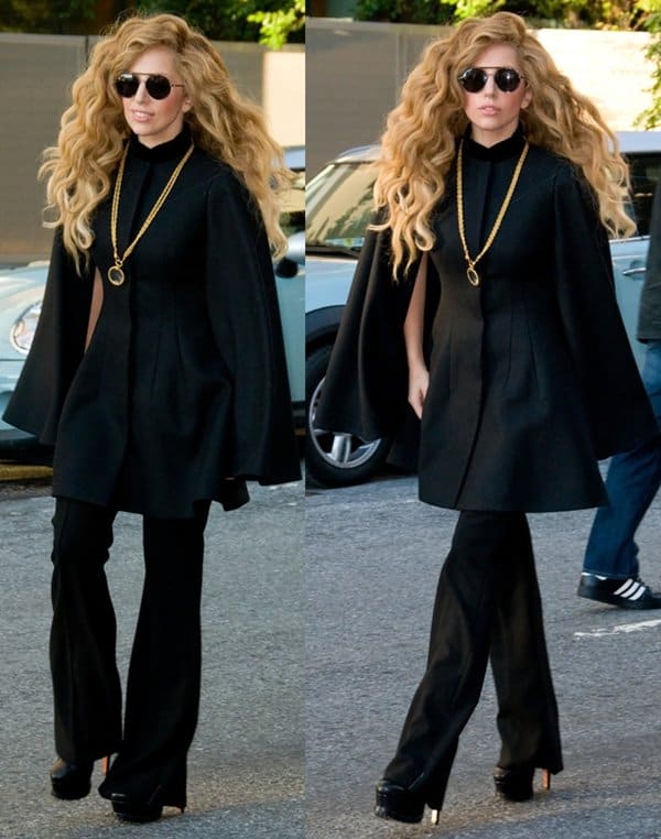 Lady Gaga wears an Alexander McQueen Pre AW13 black wide sleeve coat and flared trousers in Manhattan