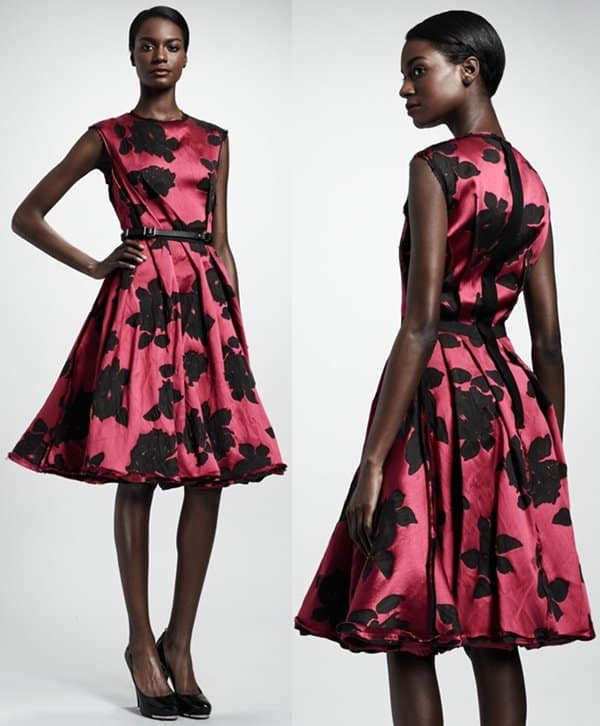 Lanvin's exquisite Rose Cloque Dress with inside pleats, showcased in vibrant fuchsia, priced at $7,695