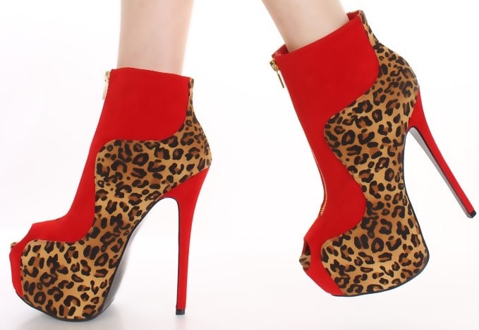 Leopard Red Faux Suede Zipper Booties