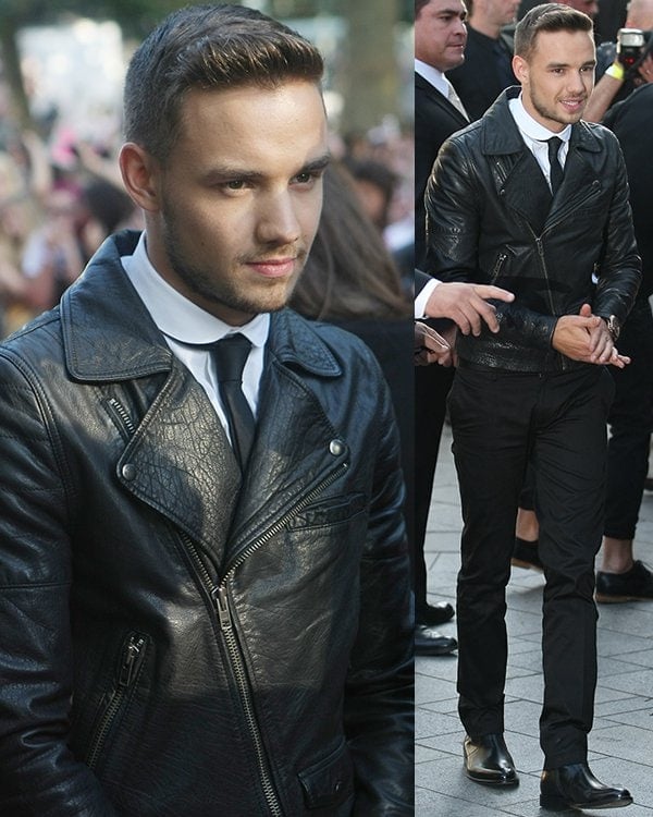 Liam Payne in a leather biker jacket paired with a collared white shirt
