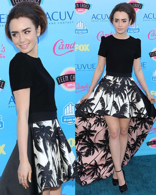 At the Teen Choice Awards in Los Angeles on August 11, 2013, Lily Collins showcased a chic ensemble featuring a Houghton Resort 2014 short-sleeve top, a Fausto Puglisi contrast-lined tail skirt, and Brian Atwood Zenith ankle strap pumps