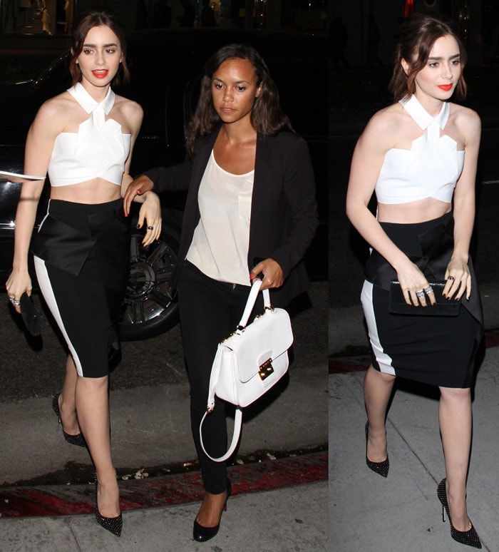 Lily Collins in a black pencil skirt outside the G-Star Raw store