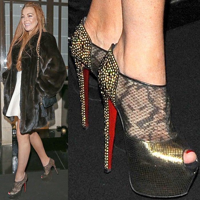 On December 30, 2012, Lindsay Lohan graced The Dorchester in London, England, donning chic Christian Louboutin "Aeronotoc" booties
