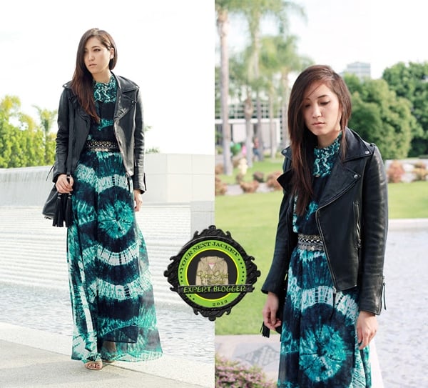 Maggie demonstrates a feminine touch in a leather jacket with a bold-printed summer maxi dress