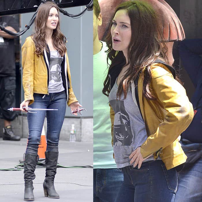 Megan Fox as April O'Neil in a yellow jacket and jeans on the 'Teenage Mutant Ninja Turtles' set in New York City