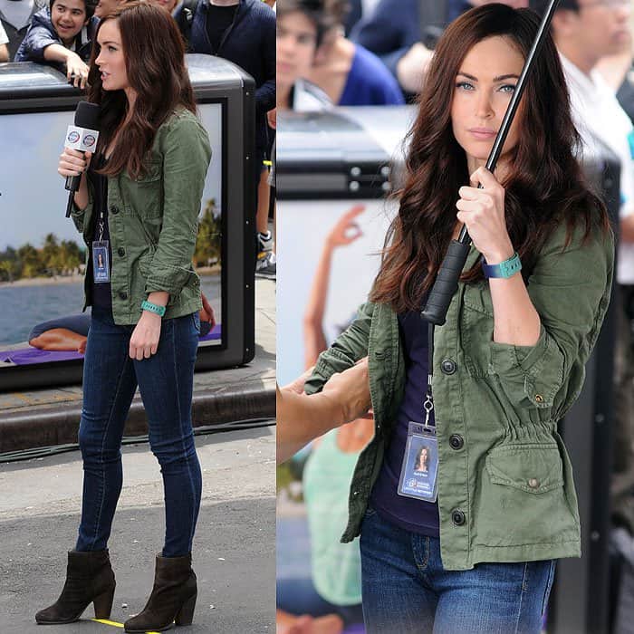 Megan Fox wearing AG Jeans Aubrey skinny jeans with Rag & Bone Classic Newbury booties filming Teenage Mutant Ninja Turtles
