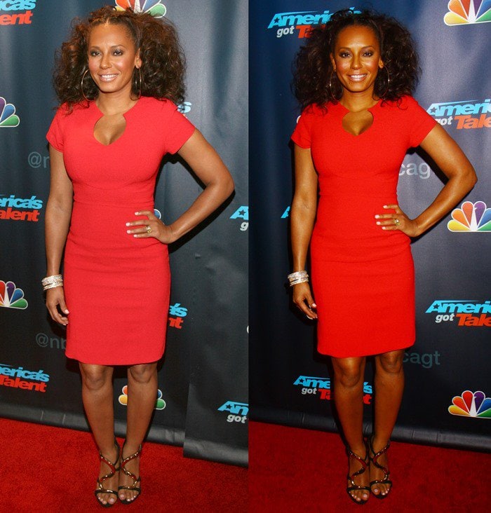 Mel B stuns in a fitted red pencil dress paired with gold Giuseppe Zanotti serpent sandals at a red carpet event for America's Got Talent