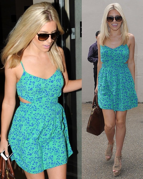 Mollie King wears a lovely floral summer dress outside The May Fair Hotel