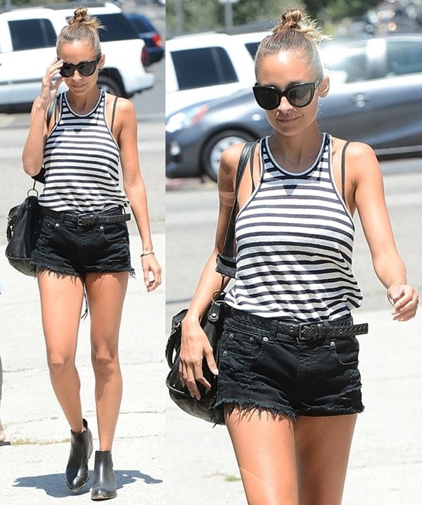 Nicole Richie wearing a striped tank and cutoff denim shorts