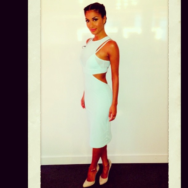 Nicole Scherzinger wearing a Bec and Bridge dress, Paperchain jewelry, and Richard Braqo shoes. Shared on Instagram on August 10, 2013