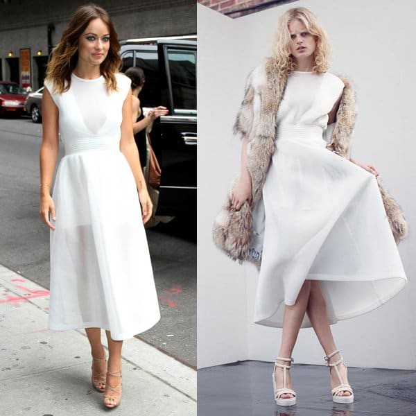 As featured in the Theyskens' Theory Resort 2014 lookbook, the dress worn by Olivia Wilde combines softness with structure, capturing the essence of modern elegance