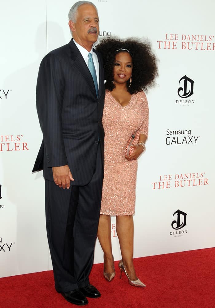 Joined by her longtime partner Stedman Graham, Oprah Winfrey wore a Jennifer Behr headpiece and Lorraine Schwartz jewelry