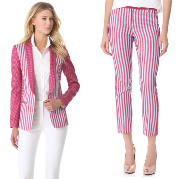 Philosophy's striking striped blazer and pants set, offering a contemporary twist on classic tailoring